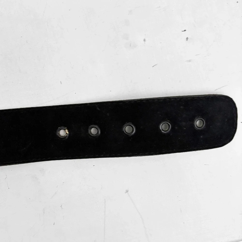 VTG Black Suede Wide Waist Belt Silver Tone Double Duck Motif Womens S